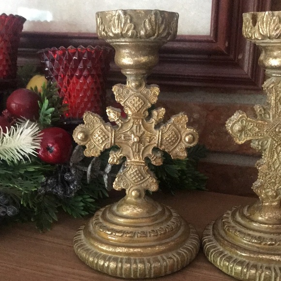 Rare Vintage Gold Cross Candle Holders Set - Picture 2 of 8
